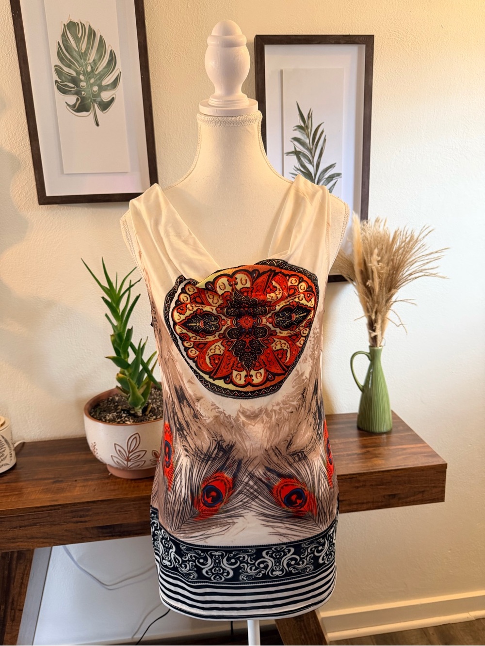 Peacock Print Mini Dress Boho Paisley Y2K Sleeveless Size S